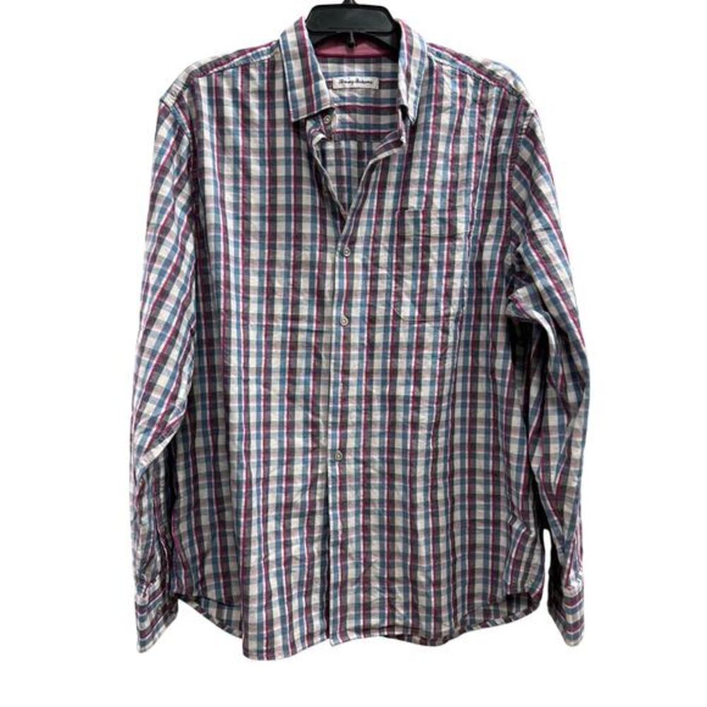 TOMMY BAHAMA Men’s Blue Pink plaid long sleeve button front shirt EUC sz L
